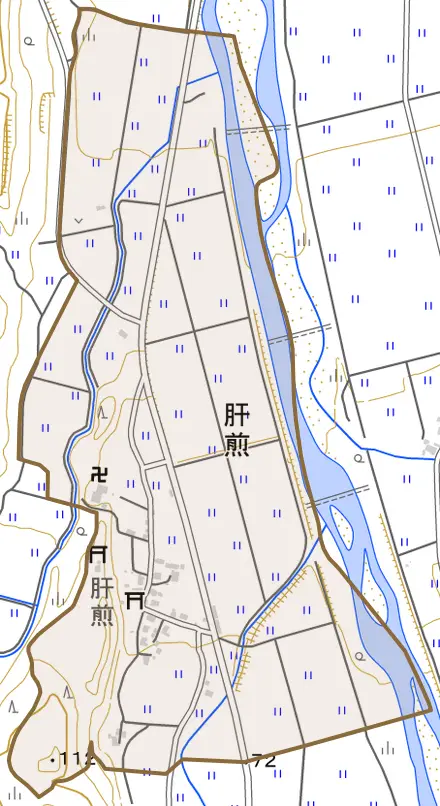 肝煎とその周辺の地図。町の範囲を重ねている