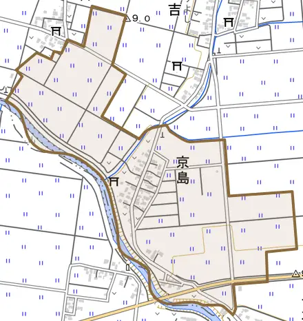 京島とその周辺の地図。町の範囲を重ねている