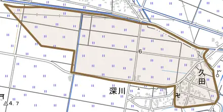 久田とその周辺の地図。町の範囲を重ねている