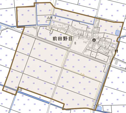 前田野目とその周辺の地図。町の範囲を重ねている