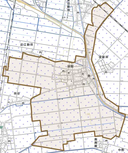 廻館とその周辺の地図。町の範囲を重ねている