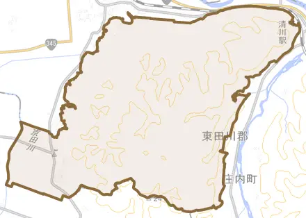 三ケ沢とその周辺の地図。町の範囲を重ねている