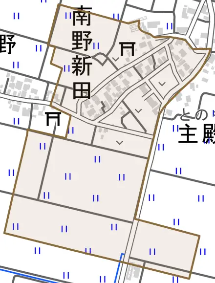 南野新田とその周辺の地図。町の範囲を重ねている