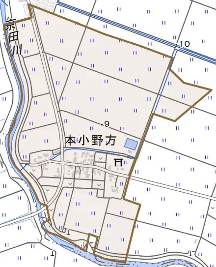 本小野方とその周辺の地図。町の範囲を重ねている