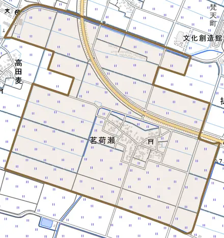 茗荷瀬とその周辺の地図。町の範囲を重ねている