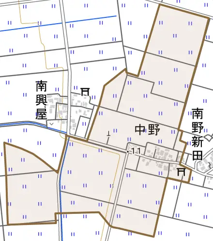 中野とその周辺の地図。町の範囲を重ねている