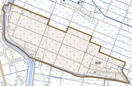 西野とその周辺の地図。町の範囲を重ねている
