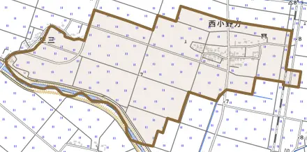 西小野方とその周辺の地図。町の範囲を重ねている