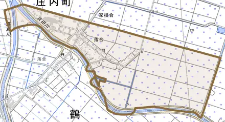 落合とその周辺の地図。町の範囲を重ねている