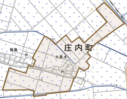 大真木とその周辺の地図。町の範囲を重ねている