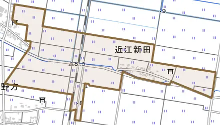 近江新田とその周辺の地図。町の範囲を重ねている