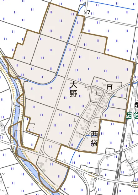 大野とその周辺の地図。町の範囲を重ねている