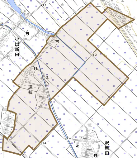 連枝とその周辺の地図。町の範囲を重ねている