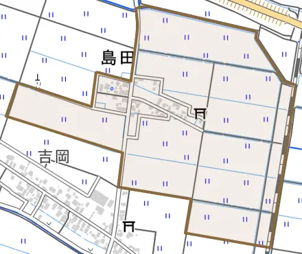 島田とその周辺の地図。町の範囲を重ねている