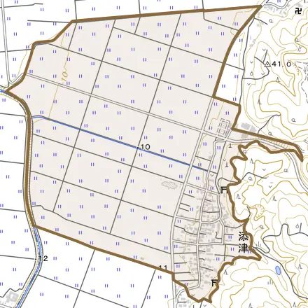 添津とその周辺の地図。町の範囲を重ねている