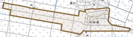杉浦とその周辺の地図。町の範囲を重ねている