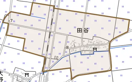 田谷とその周辺の地図。町の範囲を重ねている