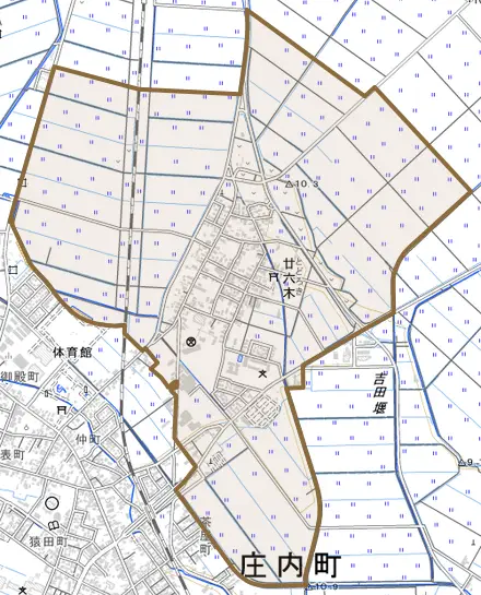 廿六木とその周辺の地図。町の範囲を重ねている