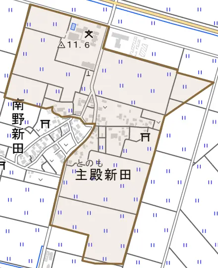 主殿新田とその周辺の地図。町の範囲を重ねている
