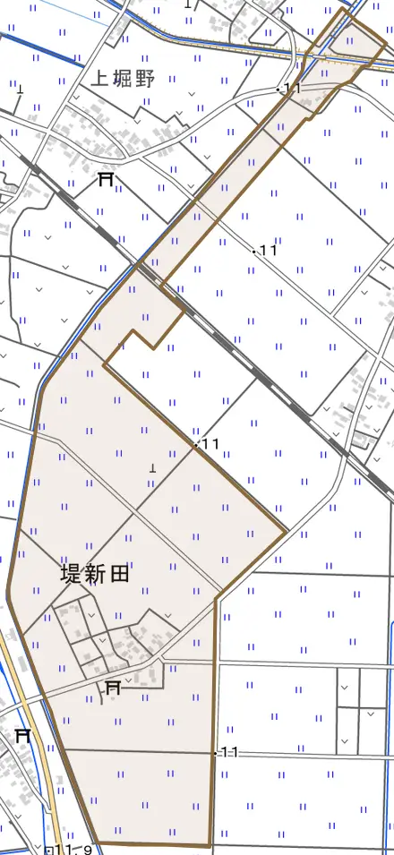 堤新田とその周辺の地図。町の範囲を重ねている