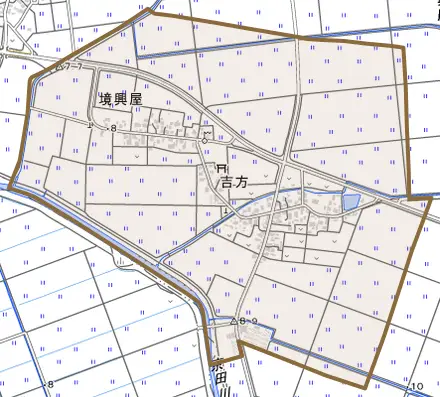 吉方とその周辺の地図。町の範囲を重ねている
