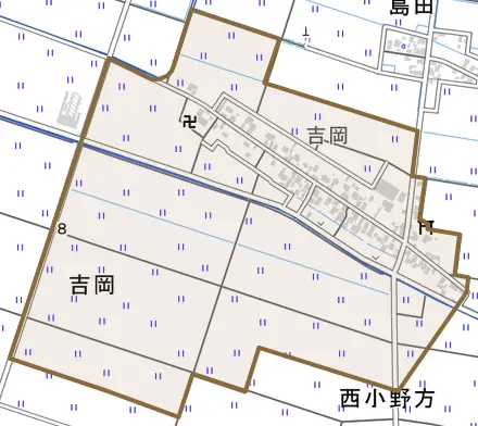 吉岡とその周辺の地図。町の範囲を重ねている