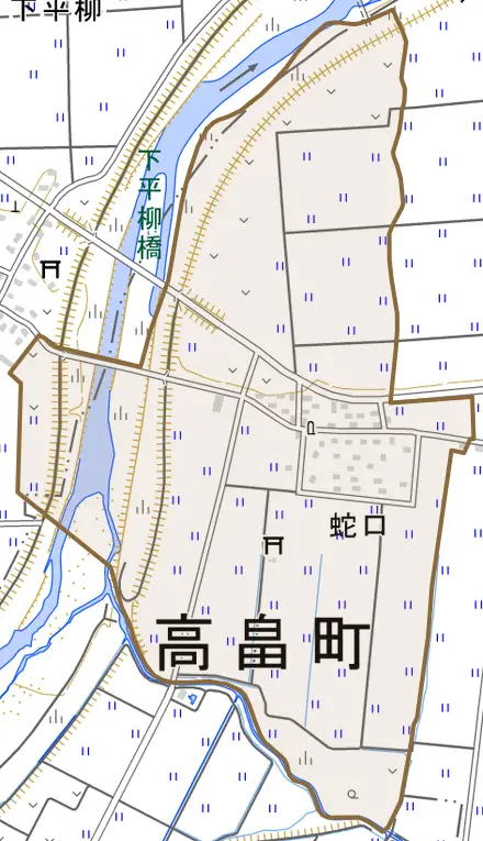 大字蛇口とその周辺の地図。町の範囲を重ねている