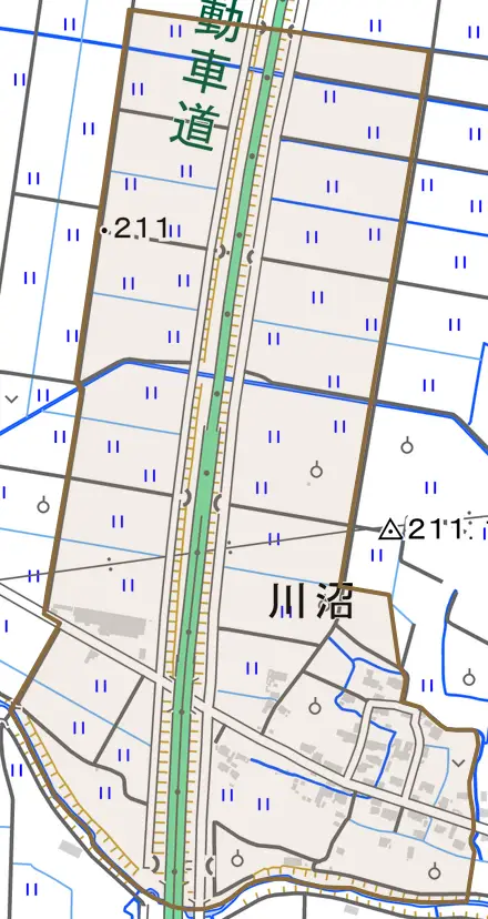 大字川沼とその周辺の地図。町の範囲を重ねている