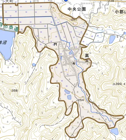 大字高安とその周辺の地図。町の範囲を重ねている