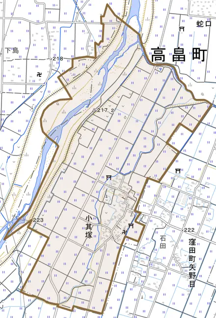 大字小其塚とその周辺の地図。町の範囲を重ねている