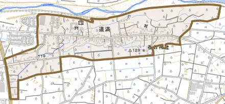 大字道満とその周辺の地図。町の範囲を重ねている