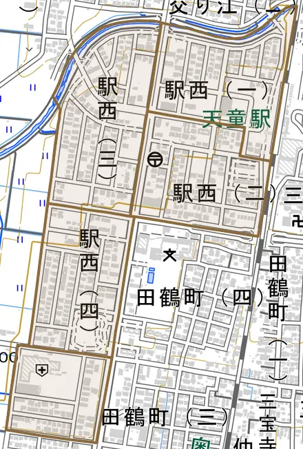 駅西とその周辺の地図。町の範囲を重ねている