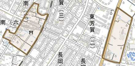 大字芳賀とその周辺の地図。町の範囲を重ねている