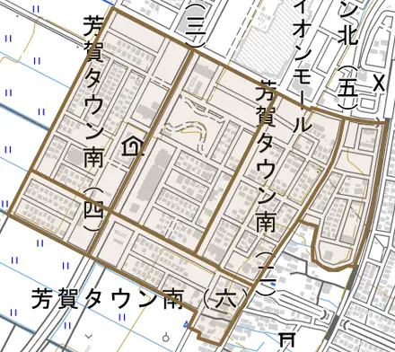 芳賀タウン南とその周辺の地図。町の範囲を重ねている