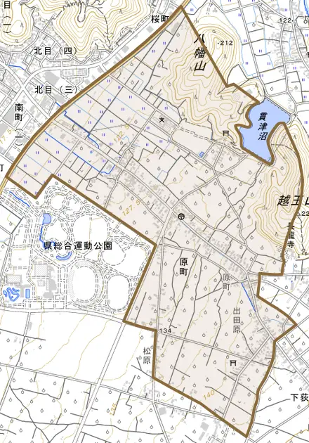 大字原町とその周辺の地図。町の範囲を重ねている