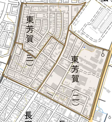 東芳賀とその周辺の地図。町の範囲を重ねている