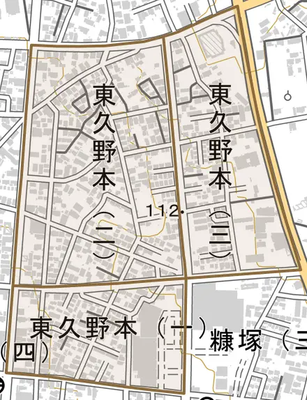 東久野本とその周辺の地図。町の範囲を重ねている