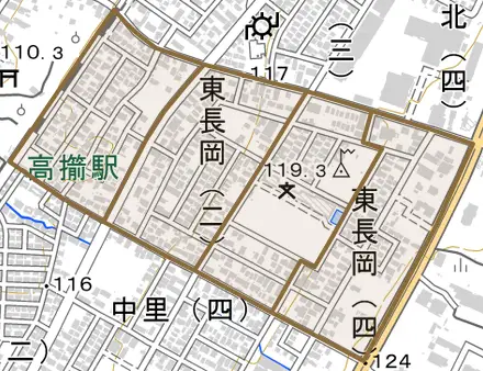 東長岡とその周辺の地図。町の範囲を重ねている
