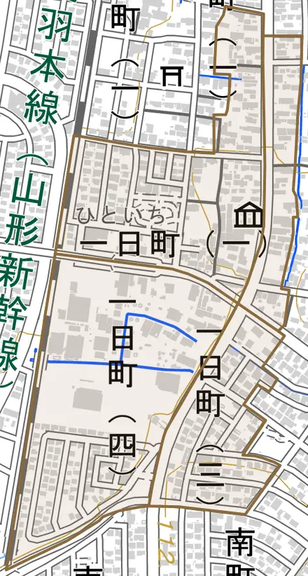 一日町とその周辺の地図。町の範囲を重ねている