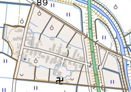 大字今町とその周辺の地図。町の範囲を重ねている