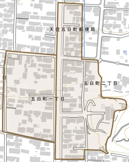 五日町とその周辺の地図。町の範囲を重ねている