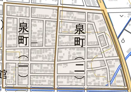 泉町とその周辺の地図。町の範囲を重ねている