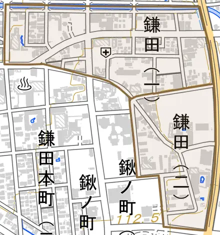鎌田とその周辺の地図。町の範囲を重ねている