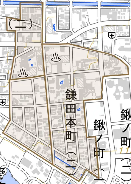 鎌田本町とその周辺の地図。町の範囲を重ねている