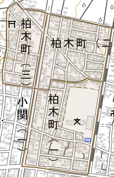 柏木町とその周辺の地図。町の範囲を重ねている