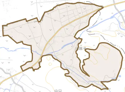 大字川原子とその周辺の地図。町の範囲を重ねている