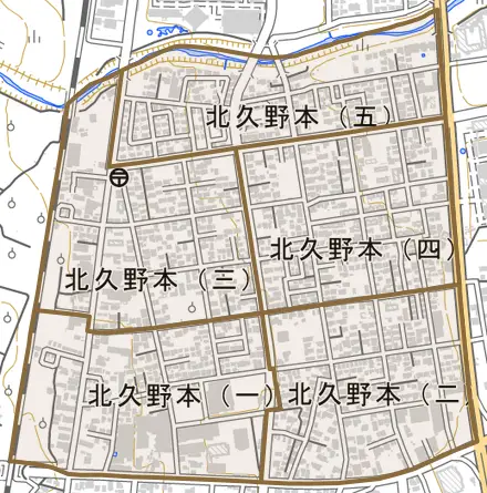 北久野本とその周辺の地図。町の範囲を重ねている