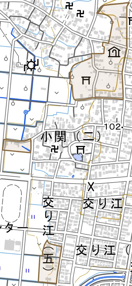 大字小関とその周辺の地図。町の範囲を重ねている