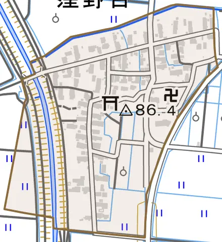 大字窪野目とその周辺の地図。町の範囲を重ねている