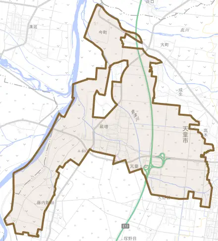 大字蔵増とその周辺の地図。町の範囲を重ねている